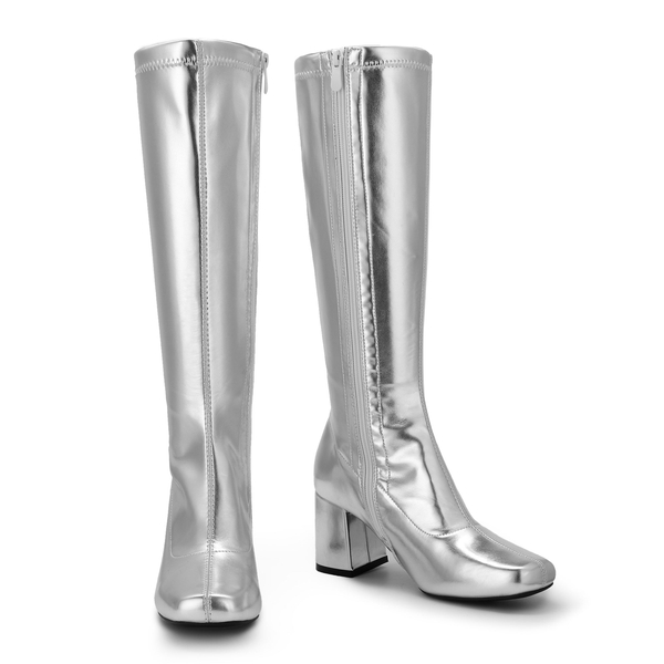 Desire Square Toe Chunky Knee High Gogo Boots - SILVER PU - 3